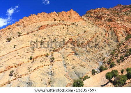 Eroded land under blue sky and white clouds, Atlas mountains, Morocco