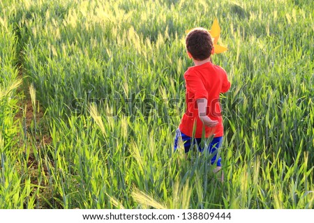 Kid playing on a green field under the sunset light