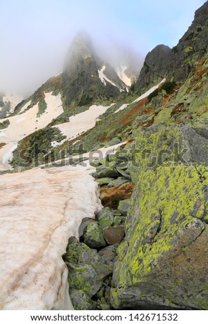 Ice and snow melting in foggy weather on the mountain