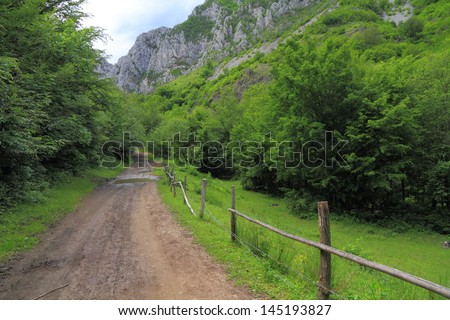 Mountain road protected by wood fence