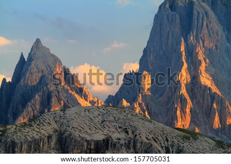 Mountains and summits at sunset, Dolomite Alps, Italy