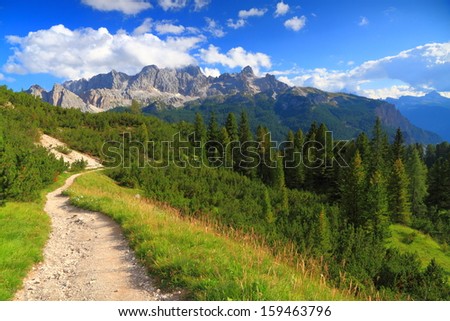Mountain landscape with trail and green meadow and forest, Dolomite Alps, Italy