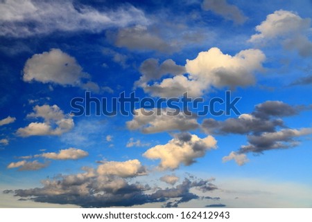 White clouds scattered on blue sky at sunset
