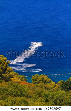 White power boat on the blue Adriatic sea, Montenegro