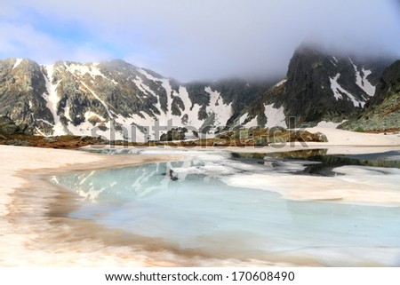 Spring on the mountains with ice and snow melting on glacier lake
