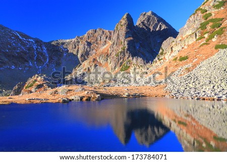 Clear blue sky reflected by a calm mountain lake