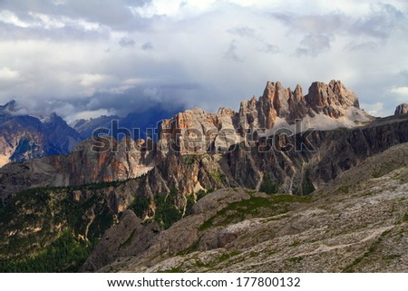 Remote mountain ridge of Croda da Lago, Dolomite Alps, Italy