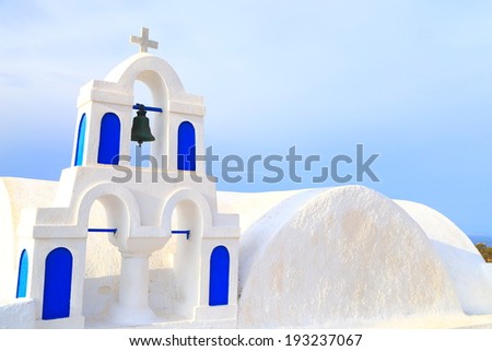 Orthodox church tower painted blue and white on the island of Santorini, Greece