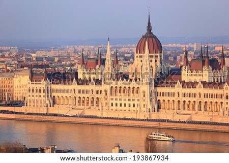 The Parliament building at sunset, Budapest, Hungary