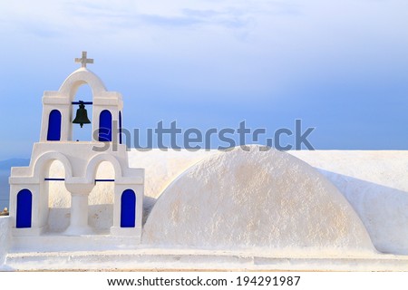 White church and bell tower, Santorini island, Greece