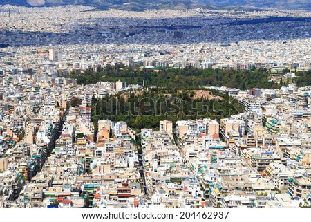 Distant streets of the Greek capital seen from above, Athens, Greece
