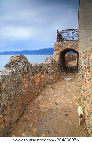Iron balcony inside old Byzantine town above the Mediterranean sea, Monemvasia, Greece