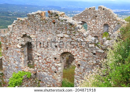 Ruins of medieval house inside the Byzantine city of Mystras, Peloponnese, Greece