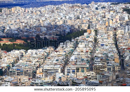 Countless streets and buildings seen from above in Athens, Greece