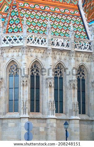 Gothic details of the side walls and roof of St Matthias church in Budapest, Hungary