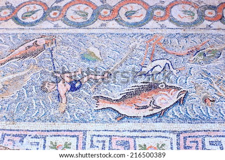 Fishing and hunting scenes on a Roman mosaic inside ancient city of Nicopolis, April 11th, 2014, Greece