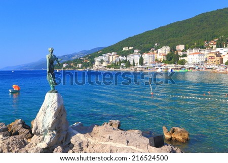 Metal statue decorates the promenade near the Adriatic sea, Opatija, Croatia