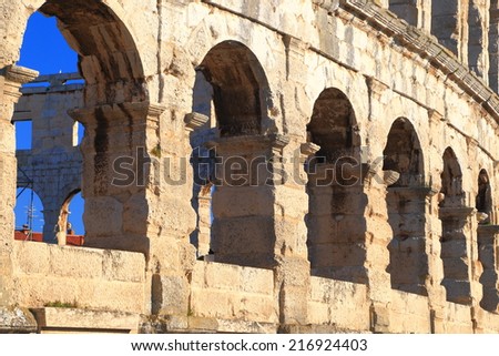 Detail of the stone arches of the Roman amphitheater, Pula, Croatia