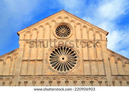 Stone decorations on the facade of a church inside old Venetian town of Zadar, Croatia