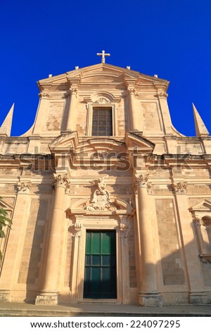 Facade and entrance to St Ignatius Church (Crkva Sv Ignacija) inside old town with Venetian architecture, Dubrovnik, Croatia