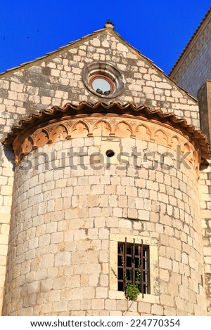 Sunny church walls inside old town of Dubrovnik, Croatia