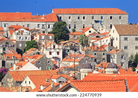 Narrow streets and old buildings and roof tops in the old town of Dubrovnik, Croatia