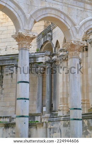 Detail of Roman arches of Diocletian Palace inside the old town of Split, Croatia