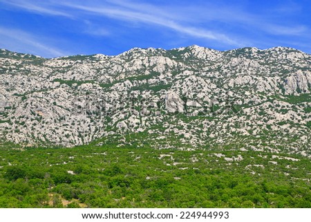 Vegetation layers on the Dalmatian coast spotted with limestone rocks and green bushes, Croatia