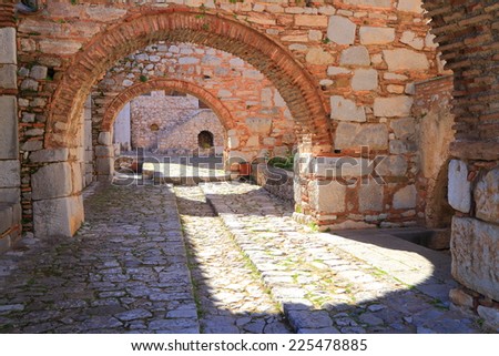 Byzantine architecture with curved stone arches of the Osiou Louka monastery, Greece