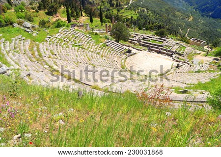 Beautiful green valley and large ancient amphitheater, Delphi, Greece