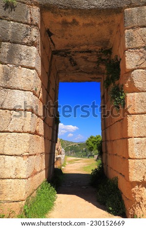 Access door to an ancient tomb with fallen ceiling, Mycenae, Greece