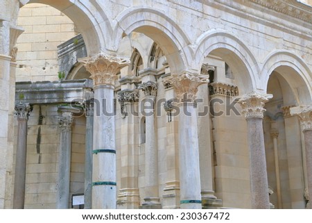 Detail of Roman arches of Diocletian Palace inside the old town of Split, Croatia