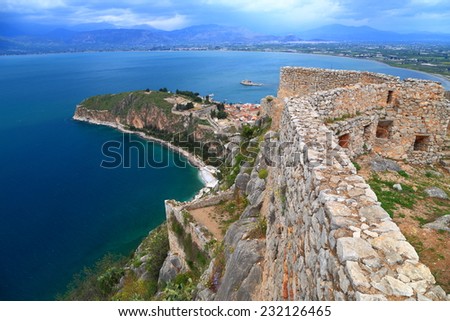 Medieval walls of Palamidi fortress above Mediterranean sea, Nafplio, Greece