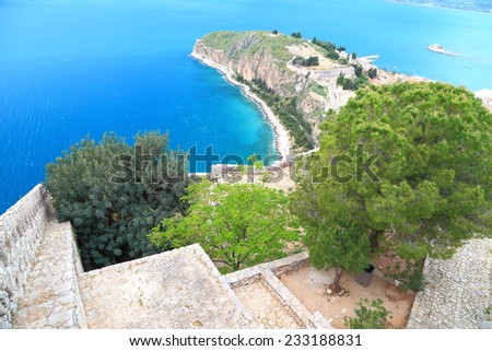 Palamidi fortress walls above Mediterranean sea, Nafplio, Greece