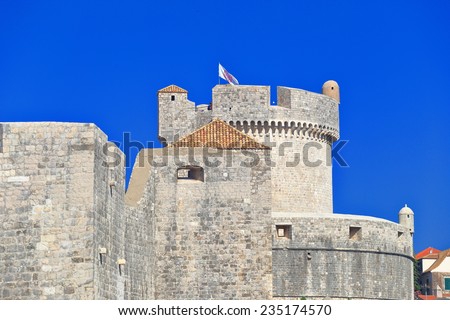Strong walls of the old town of Dubrovnik in fine day, Croatia