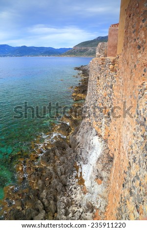 Walls of Byzantine town above the Mediterranean sea, Monemvasia, Greece