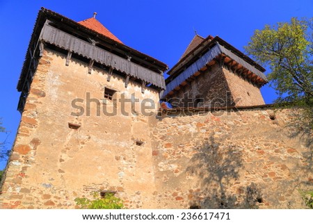 Old defensive towers of a church on UNESCO world heritage list, Viscri village, Transylvania, Romania