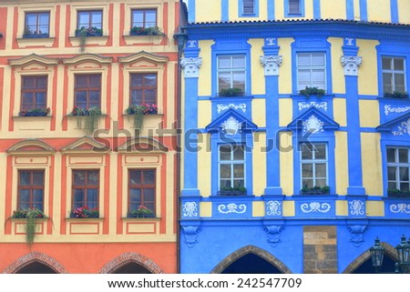 Beautiful buildings painted with strong colors on the streets of Prague Old Town, Czech Republic
