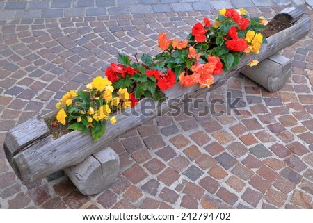 Colorful flowers in wooden pot decorate the sidewalk
