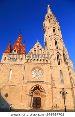 Gothic architecture of the main facade of St Matthias church in Budapest, Hungary