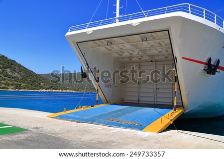Car access door to a ferry boat anchored in Agia Marina, Greece