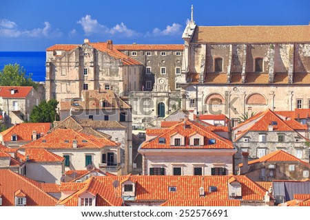 Large buildings and churches with Venetian architecture inside Dubrovnik old town, Croatia