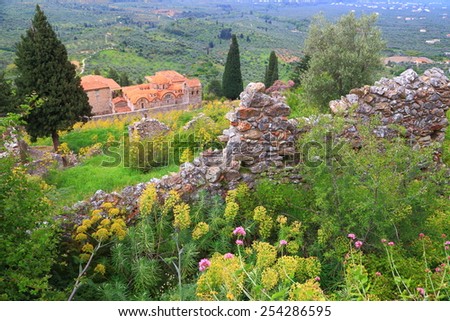 Rotten walls of medieval buildings from the Byzantine town of Mystras, Greece