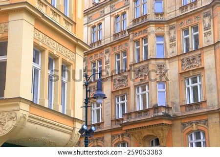 Street corner with beautiful facades of traditional buildings, Prague Old Town, Czech Republic