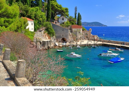 Mediterranean vegetation surrounding small harbor with leisure boats by the Adriatic sea, Trsteno, Croatia