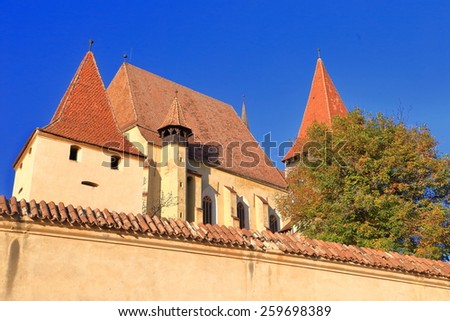 Large church building surrounded by fortified wall on UNESCO world heritage list, Biertan, Romania