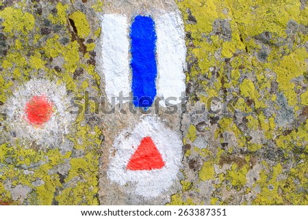 Multiple trail signs with various colors and shapes painted on a rock
