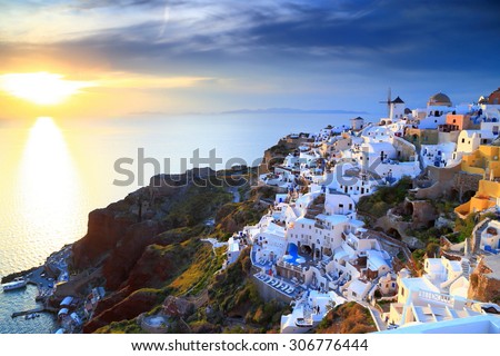 Traditional village on the Western side of Santorini island at sunset, Greece