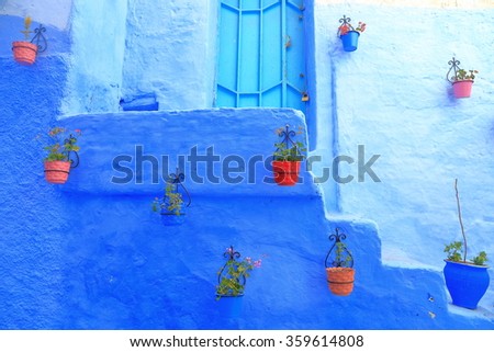 Flower pots hanging on blue walls inside the old Medina of Chefchaouen, Morocco