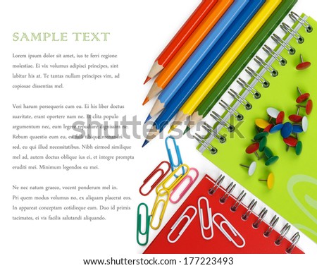 School and office stationery isolated over white with copyspace.